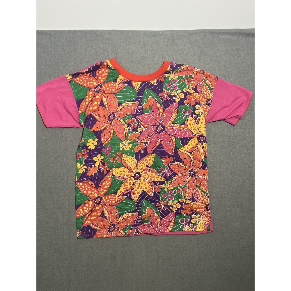 Reference Point Women's Large L Sequin Floral T-Shirt‎ Pink Orange Purple